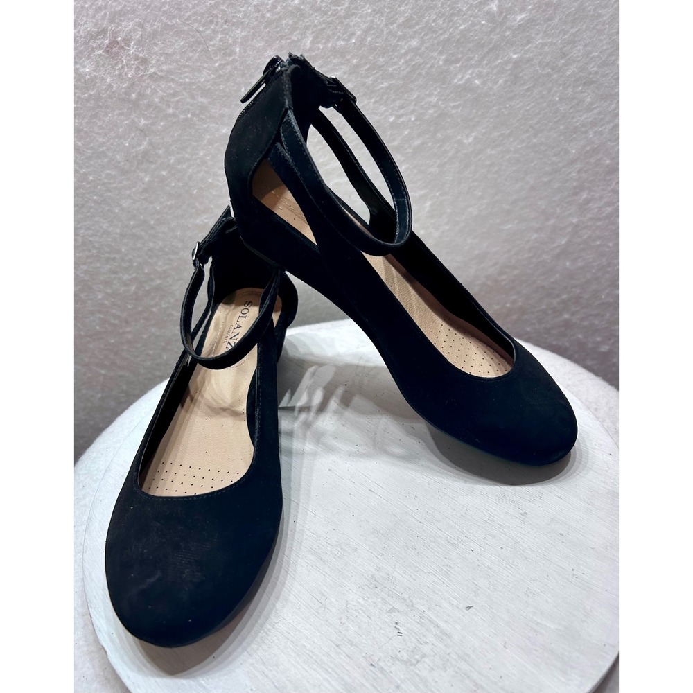 Solanz Comfort Hyde-S Black Wedge Pumps Ankle Strap Round Toe Size 8M